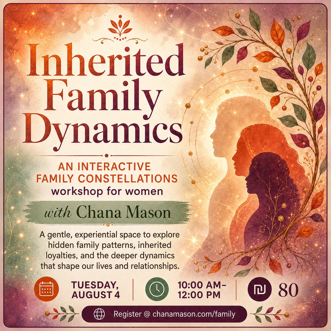 Inherited Family Dynamics — an interactive Family Constellations workshop for women with Chana Mason. Tuesday August 4, 10:00 a.m. to 12:00 p.m., ₪80, register at chanamason.com/family.